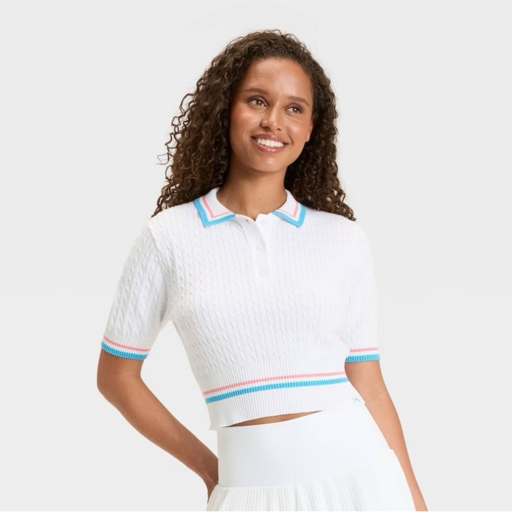JoyLab White Cable Knit Polo Shirt White Blue and Pink Accents M